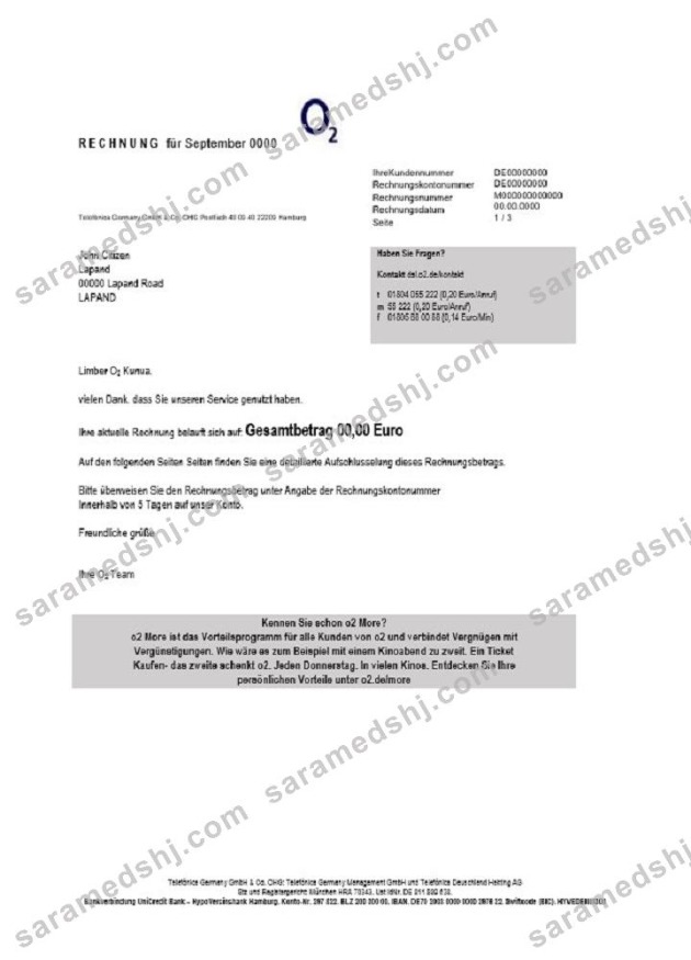 Germany RECHNUNG O2 utility bill